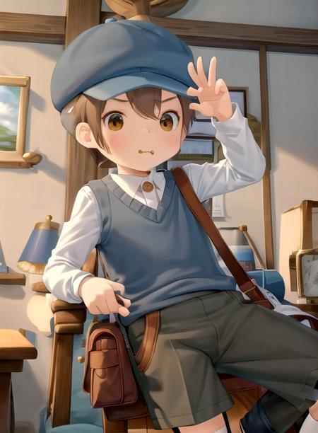 luke triton, brown hair, 1boy, male child, black eyes, short hair,blue headwear, shoulder bag, blush stickers, shirt, shoes, socks