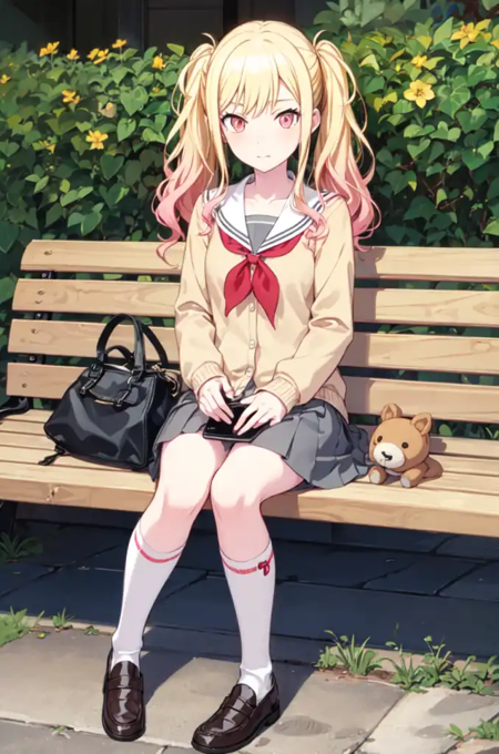 tenmasaki, looking at viewer, multiple girls, skirt, long sleeves, holding, twintails, sitting, school uniform, collarbone, pleated skirt, outdoors, shoes, serafuku, socks, sailor collar, neckerchief, kneehighs, brown footwear, phone, stuffed toy, cardigan, cellphone, white socks, loafers, smartphone, red neckerchief, 1other, grey skirt, holding phone, fence, bench, yellow cardigan, on bench