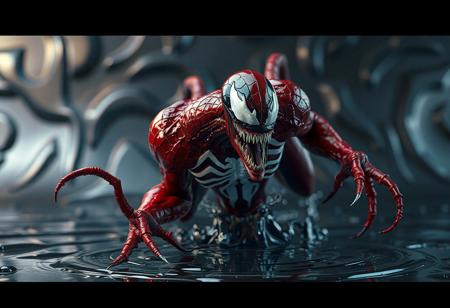 "8K UE5/Octane render of 'Mimighoul Slime Venom'—a crimson symbiote with black/white spider-patterned chest and razor-toothed mask. Dynamic attack pose with outstretched tendrils, set against a 'Metal Reflect Slime' backdrop. Hyper-detailed nanite textures, Houdini FX liquid motion, and ray-traced reflections on slime surface. Post-processed with Kodak grain and Grammer Effect neon glow. Tags: #Venom #Symbiote #MarvelArt."