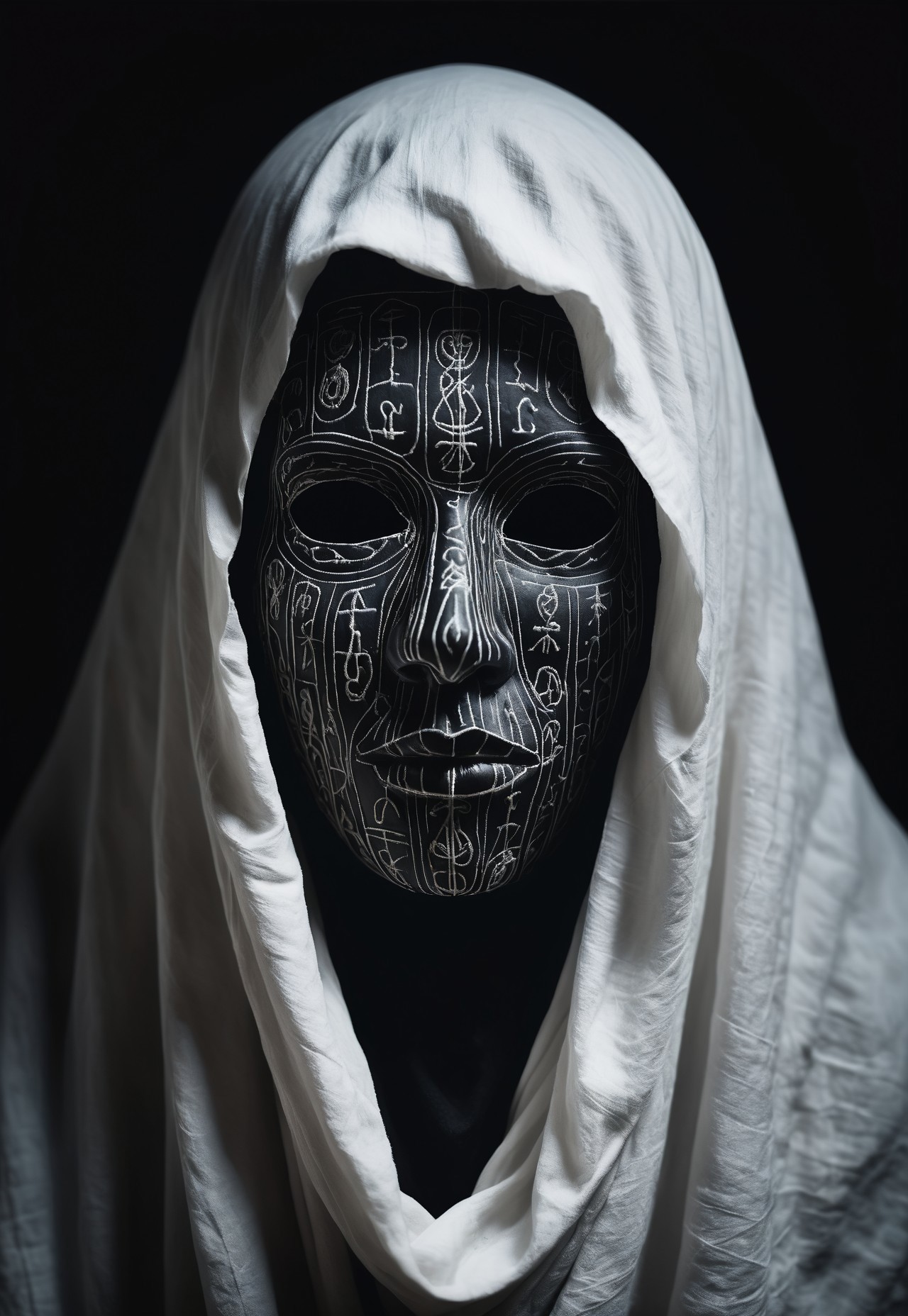 portrait of a person draped in a white cloth embroidered with black runes, wearing a white death mask, eyes not visible, deep blackness behind the mask, mask adorned with runes and vertical black stripes over the eye area, unsettling, mystical, ghostly aura, dark and eerie atmosphere, intricate details, high contrast, hyperrealistic, dramatic lighting, ethereal, haunting presence, cinematic, detailed textures, enigmatic expression, surreal, otherworldly, soft shadows, photorealistic, spectral, occult, ritualistic