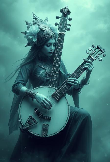 "Lotus Saraswati,  octocore, fusepunk, petrol colored, mucical instrument , illusion,  limitless, pale, chaotic, mucical notes , ultra detailed, cinematic  "