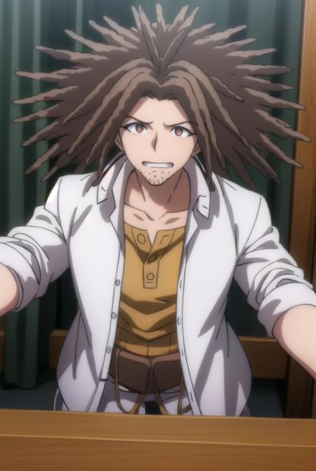 yasuhirohagakure, <lora:yasuhiro hagakure s1-lora-nochekaiser:1>,
yasuhiro hagakure, bangs, brown hair, (brown eyes:1.3), male focus, facial hair, dreadlocks, smile, grin,
BREAK shirt, collarbone, jacket, white shirt, open clothes, collared shirt, open jacket, black jacket, dress shirt, brown shirt,
BREAK indoors, classroom,
BREAK looking at viewer, (cowboy shot:1.5),
BREAK <lyco:GoodHands-beta2:1>, (masterpiece:1.2), best quality, high resolution, unity 8k wallpaper, (illustration:0.8), (beautiful detailed eyes:1.6), extremely detailed face, perfect lighting, extremely detailed CG, (perfect hands, perfect anatomy),