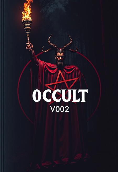 “Cinematic shot of an occult magazine cover. A powerful Baphomet figure holds a torch aloft, embodying the enigmatic patriarch of the Church of the Holy Sepulchre. The background reveals a pentagram encircled within a mystical ring, set against the dark, shadowy depths of a black forest. The title text, ‘0CCULT V002,’ is prominently displayed at the center of the composition. The entire image is bathed in an eerie palette of black and red tones, exuding a sense of mystery and otherworldly intrigue.”