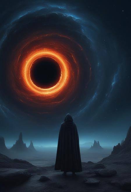 This is a digital artwork depicting a surreal, otherworldly scene. The central focus is a massive, swirling black hole with a fiery orange and red rim, surrounded by dark, swirling space debris. The black hole is located in the center of the image, encircled by a dark, cosmic void with stars and nebulae scattered across the sky. 
In the foreground, a lone figure stands on a rocky, uneven terrain, facing the black hole. The figure is dressed in a long, flowing, dark cloak that covers most of their body, suggesting a sense of mystery and isolation. The figure's face is not visible, adding to the enigmatic atmosphere.
The background features towering, jagged rock formations, some appearing to be ancient ruins, with the sky above blending into a gradient of dark blue to light blue, suggesting a transition from night to day. The textures of the rocks are rough and rugged, enhancing the desolate and alien environment.
The overall color palette is dominated by dark blues, blacks, and fiery reds, with the contrast between the figure's dark cloak and the bright, swirling black hole creating a striking visual impact. The image evokes a sense of awe and wonder, blending elements of fantasy and science fiction.
  <lora:qihuan222 (1):0.2> <lora:qihuan222 (2):0.9> <lora:qihuan222 (3):0.3>   <lora:qihuan222 (4):0.2>