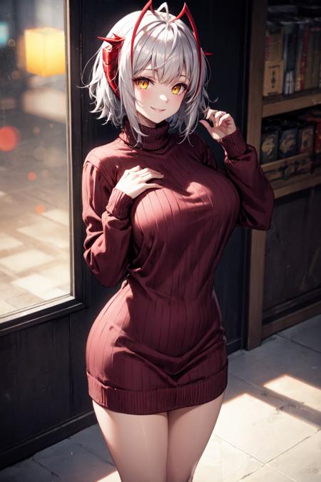 <lora:Wark-04:1>, 1girl, yellow eyes,  short hair, grey hair, solo, demon horns, ribbed sweater, sweater dress, large breasts, thighs, hand on hip, 
 <lora:add_detail:0.7>, standing, hand on hip:1.3, smile  <lyco:GoodHands-beta2:1> perfect hands, good hands, facing viewer, depth of field, bokeh, telephoto,