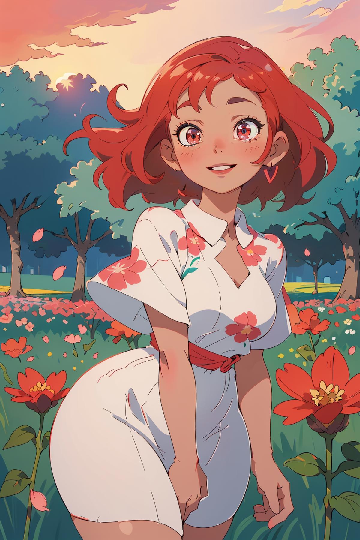 A cartoon girl wearing a white dress with a red bow is standing in a field of flowers.