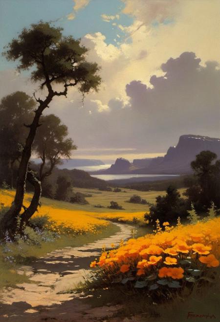 muted color, enticing moody painting by Frank frazetta with visible paint strokes, imposing best quality, dappled light, landscape, oil painting, 3 point perspective, perfect, 4k quality, masterpiece, best quality, lush flowers, impressionistic