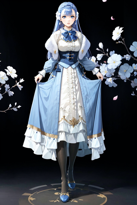 (highly detailed:1.3),
rinea fe, holding, standing, full body, flower, pantyhose, frills, hair flower, high heels, petals, profile, blue dress, blue flower, blue footwear, skirt hold,
Ultra-detail,(highres:1.1),best quality,(masterpiece:1.3),cinematic lighting,
(highly detailed face and eyes:1.3), <lora:Rinea_FE-10:0.85>