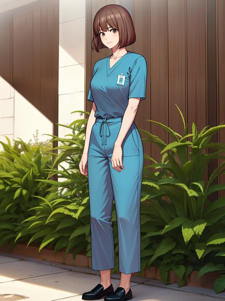 ChopioSeoHaNa, 1girl, solo, ((full body)), smile, short hair, brown hair, shirt, (brown eyes:1.25), short sleeves, bob cut, scrub, nurse uniform, blue pants, blue shirt, id_card, medium breasts, BREAK looking at viewer, hospital, BREAK (masterpiece:1.2), best quality, high resolution, unity 8k wallpaper, (illustration:0.8), (beautiful detailed eyes:1.6), extremely detailed face, perfect lighting, extremely detailed CG, (perfect hands, perfect anatomy),