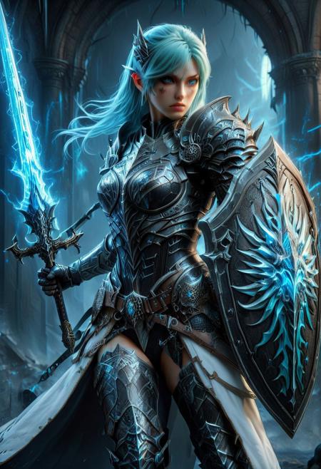 Full body mid shot, ultra realistic 2.5D anime illustration Ultra detailed cyberpunk knight, dark knight, 60 years old warrior woman, scarred, muscular, in heavy dragon scale plate armor. masterpiece, best quality, very aesthetic, She has short blue turquoise White gradient hair, mane haircut. wearing a black white blue turquoise dragon scale armor. standing in a fight stance looking at the camera. Broad sword.Sword and shield
Muscular fit tired expression. The scene is cinematic, with studio quality lighting,  ray tracing, rendered with unreal engine 5. The details are maximalist like in a macro photo. Overall the image is a  masterpiece