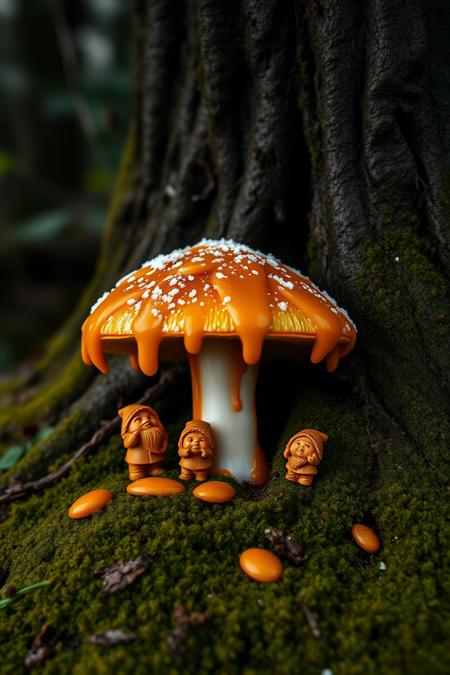 caraf, caramel mushroom in a deep and dark forest, nature, tree, moss, foliage, sweet and tasty, dreamlike image, close-up macro shot, sugar sprinkles, caramel soup, soft morning light, little dwarfs looking up at the mushroom,