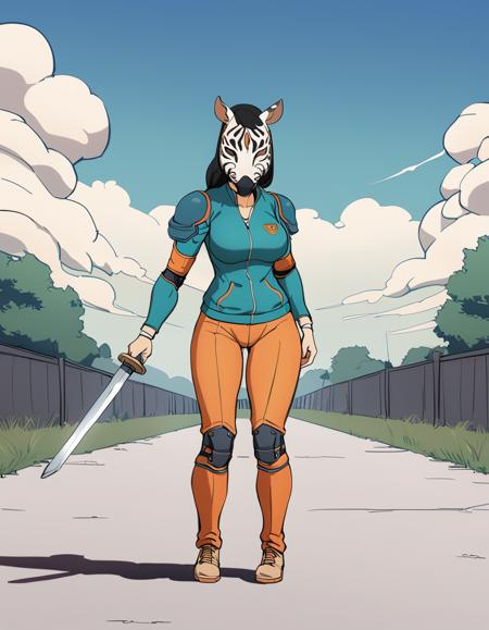 (masterpiece,best quality),oldest,1girl,hlmcorey, <lora:HLMCoreyAnimagine:0.7>,full body,teal jacket,orange pants,knee pads,shoulder pads,zebra mask,holding sword,boots,outdoors,cloudy