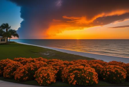 sunset, Florida, Sarasota, real estate, dramatic sunset, clouds, golden hour, golden ratio composition,  intricate detail , 8k, , dynamic, cinematic, ultra-detailed, full background,  epic location, vacation photography, magical location, epic, sparkle, glitter, scenery, ((no humans)), drizzle, beautiful, (shiny:1.2), monolithic, bloom:0.4, sparkle, extremely detailed, multicolored fire theme, alluring lighting, rim lighting, HD. Photography real estate photography by Larry Hanna, Jason Miller, Anthony Dimaano, Alex Tonetti, Shawn Talbot.
