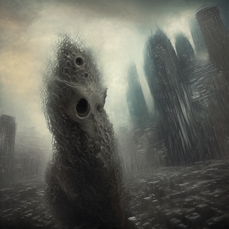 photo, a strange looking creature standing in the middle of a city (megademons style:1) <lora:djzMegaDemonsV21:1>