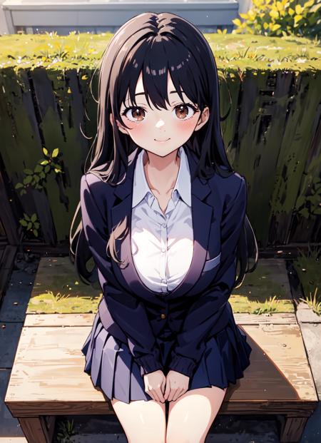 masterpiece, absurdres, ultra-detailed, Yamada Anna, 1girl, solo, long hair, blush, large breasts, black hair, long sleeves, brown eyes, school uniform, jacket, white shirt, pleated skirt, collared shirt, blue skirt, blazer, cardigan, blue jacket, (realistic:0.35), blush, smile, from above, looking at viewer, outdoors, outdoors, sitting on grass, colorful, breast pocket, <lora:Yamada_Anna-15:0.65>, messy bangs