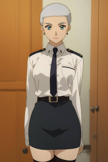 yayoi_schwael, blue eyes, grey hair, very short hair, short bangs, earrings, 1girl, solo, military uniform, necktie, white_collared_shirt, long_sleeves, brown stockings, black belt, green_pencil_skirt, cowboy shot,