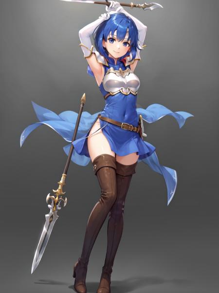 <lora:Catria_FE:0.6>, catria_nm, 1girl, breasts, looking at viewer, smile, short hair, bangs, thighhighs, gloves, dress, holding, medium breasts, standing, full body, weapon, thighs, boots, elbow gloves, belt, sword, white gloves, armpits, holding weapon, armor, high heels, arms up, zettai ryouiki, covered navel, headband, blue dress, thigh boots, brown footwear, short dress, polearm, shoulder armor, side slit, spear, breastplate, holding polearm