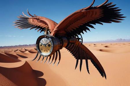 Clock with wings and talons in desert, flying higher up off the ground, unsupported