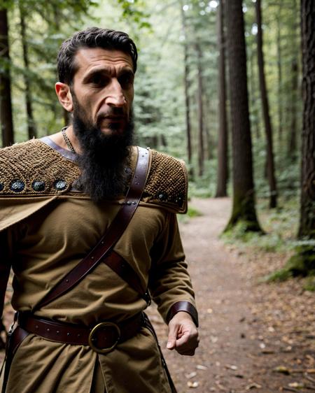 (viking:1.3) (Fares Fares:0.8) (Fares_Fares_SD15_v2-012:0.92) man, (wearing viking clothes:1.4), front view, in the woods forrest, middle-aged daddy, skin detail, pores, (messy:1.2) medium-length long hair, studio light, natural lighting, 4k uhd, dslr, soft lighting, high quality, Fujifilm XT3