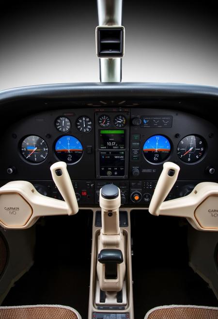 A beautifully composed professional photograph of a Cessna 172 instrument panel after a full Garmin upgrade