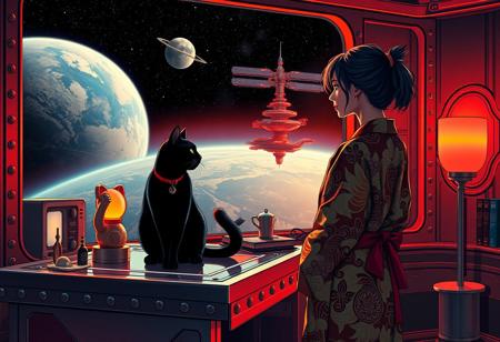 YFG-Asak Surreal Pop Art Style, a bright, whimsical scene of A sleek black cat with red collar sits on a cluttered metal riveted desk with transparent top and led lit computer components visible inside, On the desk are a maneki neko statue and a lava lamp, the Black cat is looking out of a seamless and futuristic floor to ceiling window that looks out at a planet from low orbit, (((a beautiful woman, 24 years old, is standing next to the desk looking out the window, the woman is dressed in an ornate Japanese style bath robe. An enormous deco-cyberpunk starship with futuristic lighting and an enormous space station are visible in the background among the stars, The woman's hair is messy from just waking up and tied up with a ribbon. Artistic cyberpunk, dynamic perspective, (((overall architectural aesthetic is Art Deco Cyberpunk))).  Epic image that elicits a feeling of wonder and awe,  all set against a striking, abstract background with bold, geometric patterns.