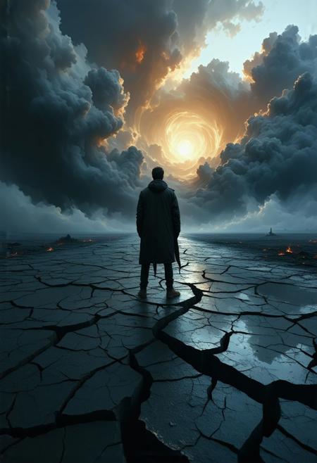 masterpiece, high-quality, (elaborate fine details:1.1), (hyperdetailed:1.1), (intricate details:1.0), (Refined details:1.1), (best quality:1.1), (high resolution:1.2), Vast, cracked expanse of dark asphalt, a lone figure stands amidst the fissures.  Dramatic, apocalyptic landscape.  A man, mid-thirties, neutral ethnicity,  wears a simple, dark coat,  contemplative pose,  facing distant, ethereal light.  The setting is a desolate, fractured surface.   The colors are muted, primarily dark grays, deep blues, and hints of orange-gold emanating from a distant horizon.  Distant, glowing, ethereal light pierces through dark clouds, creating a vortex-like pattern in the sky,  with high contrast between the dark, deep abyss of the clouds and the faint light.  The overall mood is melancholic, contemplative, and profoundly lonely.  Atmospheric perspective is intense, focusing attention on the figure's isolation.  The lighting is dramatic, highlighting the cracks and fissures, creating long shadows of the figure.  A sense of scale is established by the vast expanse of the sky and the cracked earth.  The style is surreal, dreamlike, and slightly apocalyptic.  A wide-angle, high vantage-point view enhances the scope and creates a sense of mystery.  <lora:NEGATIVE_pnte_sd3l_lora_r64:0.6>
