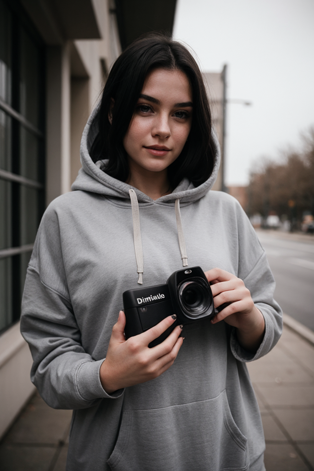 young woman, 18 years old, wearing a oversized grey hoodie with the hood lowered, holding up a polaroid camera, dimples, d...