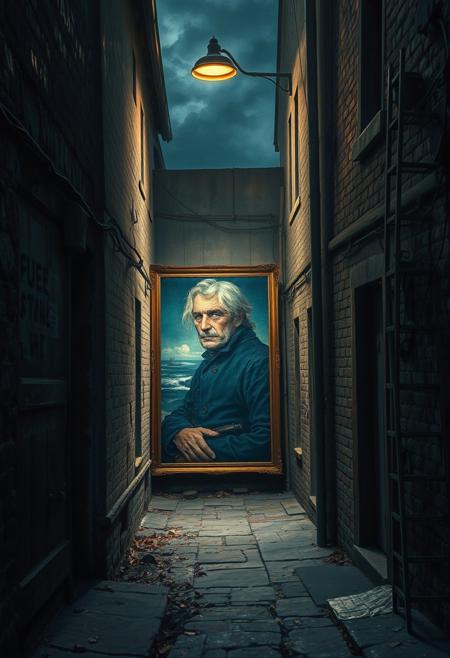 A forgotten alleyway where an old painting of a historical figure seems to glow under the streetlights, as if coming to life, Nordic realism, smalt blue color palette, dramatic lighting, coastal atmosphere, Danish seascapes, fishermen life, emotional naturalism, rugged textures, windswept landscapes, deep shadows, realistic portraiture, maritime mood, stormy skies, cool tones, traditional clothing, expressive composition, windblown hair, North Sea ambiance, melancholic beauty, 19th century Danish art
