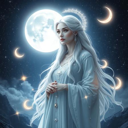 A majestic and ethereal Moon Goddess standing under a star-filled night sky. She has radiant pale skin that glows softly like moonlight, long flowing silver or white hair, and eyes that shimmer like the cosmos. She wears an elegant celestial robe adorned with stars, constellations, and moon symbols. A luminous full moon hovers behind her like a halo, casting a soft, silvery glow. Her presence is serene and divine, surrounded by floating stardust, misty clouds, and glowing crescent-shaped ornaments. The background features a cosmic landscape—craters, stars, and nebulae. Fantasy, divine, ultra-detailed, dreamlike atmosphere, high-resolution.