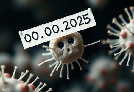 Microscopic view, bacteria is holding a banner that says "00.00.2025   
00:00"