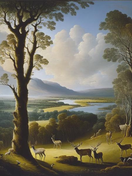 <lyco:RichardDadd:1.0> late scottish painted portrait of a number of deer across, in the style of richard dadd, george cruikshank, karl friedrich schinkel, ethereal trees, cinestill 50d, australian landscapes, monumental murals