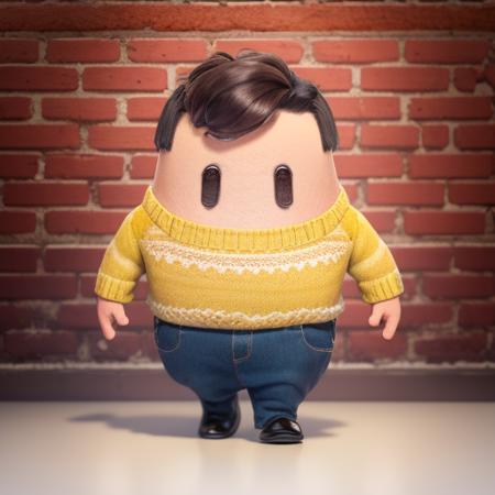 fogggy style, <lora:fallguys:1> fall guys character as handsome man, solo, male focus, wearing a yellow and black striped sweater, full body, brick wall background <lora:foggy:0.8>