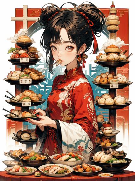 HEZI, 1girl, chinese clothes, food, solo, jewelry, chopsticks, eating, hair bun, looking at viewer, black hair, bowl, red nails, earrings, holding, long sleeves, double bun, bangs, dress, holding chopsticks, blush, dumpling, plate, china dress, hair ornament, table, grey eyes, nail polish, meat, red dress, fish, lattice, small breasts, upper body, noodles, breasts, baozi, holding bowl, ribbon, bamboo steamer, hair ribbon, tassel, layered sleeves, shrimp, soup, steam, short hair, tassel earrings, vegetable, braid, short over long sleeves, red ribbon, smoke<lora:çå­ç³»åââåè´§å¥³å­©:0.65>