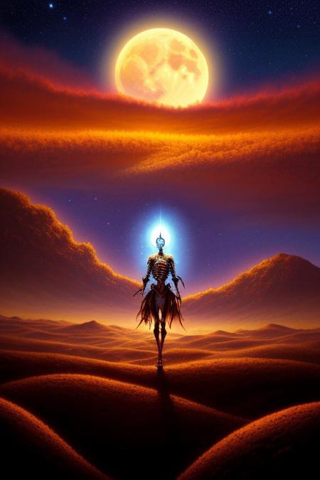 (masterpiece, sharp focus:1.2), BREAK (An ancient female alien entity glowing with unknown energy, floating above a desolate landscape, depicted in a style with aliens, otherworldly colors, sharp contrasts, surreal forms:1.1), BREAK (illuminated by the cold blue light of a dying moon, set against the backdrop of a barren battlefield where skeletal remains are half-buried in the soil under a blood-red sky:1.1), BREAK (art by Gainax:1.4), (elaborately detailed attire with extraordinary elements:1.1), (close-up shot:1.1), (hyperdetailed:1.1), (intricate details:1.0), (Refined details:1.1), (best quality:1.1), (high resolution:1.2)