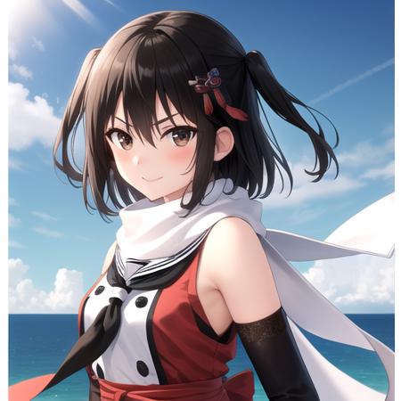 ((masterpiece)),(best quality),official art,extremely detailed CG,unity 8k wallpaper,ultra detailed,A lighthouse on a cliff by the sea,1girl,solo,upper body,(portrait:1.2),smile,white_scarf,two_side_up,fingerless_gloves,brown_eyes,bangs,elbow_gloves,double-breasted,thighhighs,hair_ornament,looking_at_viewer,black_skirt,black_hair,school_uniform,buttons,serafuku,short_hair,brown_hair,pleated_skirt,blush,hair_between_eyes,sash,asymmetrical_legwear,black_gloves,v-shaped_eyebrows,black_neckerchief,<lora:Sendai(kan)>,