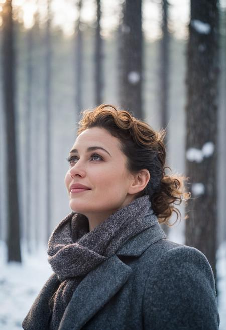 ((striking face)), ((prominent nose)),(laugh lines), looking curiously to the sky, full body portrait, closeup, looking over shoulder, visible breath, 30 year old woman, brunette, short curly ponytail, wide jawline, strong eyebrows, (cheek and nose redness) ,natural skin, looking away, full lips, brown eyes,, forest, mist, winter, snowing, freezing (cinematic, film grain:1.1, bokeh), gray coat, white shirt, wool hat, sunset,