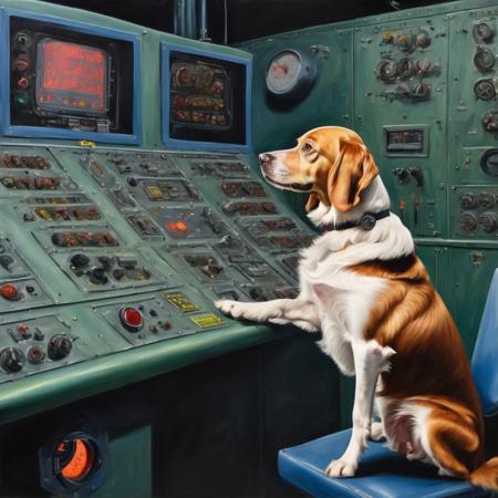 Oil painting, masterpiece.  A confused dog named Puproy Doggerson III operates the controls of the Springfield nuclear reactor.