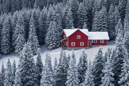 A lone red house nestled on the left side of the image,  surrounded by a dense grove of frosty evergreens