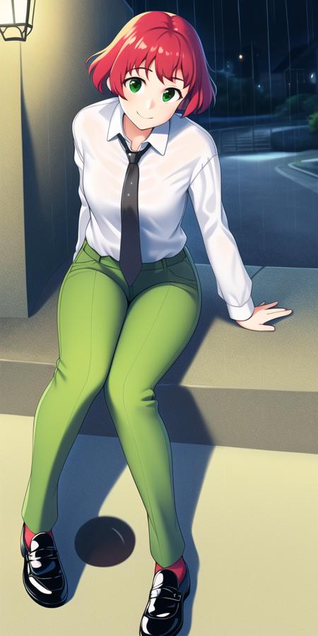 realistic, <lora:steampunkengis_katawashoujo_rintezuka:0.8>, 1girl, solo, sitting, no arms, (no hands:1.3), rain, two legs, green eyes, red hair, smile, sitting, green pants, white shirt, necktie, looking at viewer, (armless amputee:1), dark background, dark street, night, night_sky, dark, shadow, black footwear,