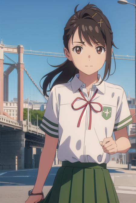 suzumeiwato, <lyco:suzume iwato movie-lyco-nochekaiser:1>,
suzume iwato, long hair, black hair, hair ornament, (brown eyes:1.5), hairclip, ponytail, smile,
BREAK skirt, shirt, ribbon, school uniform, white shirt, red ribbon, green skirt, long skirt,
BREAK outdoors, sky, day, cloud, sun,
BREAK looking at viewer, (cowboy shot:1.5),
BREAK <lyco:GoodHands-beta2:1>, (masterpiece:1.2), best quality, high resolution, unity 8k wallpaper, (illustration:0.8), (beautiful detailed eyes:1.6), extremely detailed face, perfect lighting, extremely detailed CG, (perfect hands, perfect anatomy),