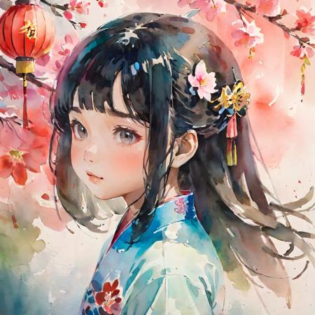 little girl,upper body,((((black hair)))),(solo:1.5),((detailed face)),illustration,(((Watercolor))),((Chinese Brush Painting)),(((extremely delicate and beautiful)))),ultra-detailed,(((beautiful detailed eyes))),(((qipao))),(cheongsam),(Chinese style),( long hair,((( flying petals))),  ((((floating hair)))) ,(((flowing))),clear face, traditional watercolor painting,,,<lora:traditional_watercolor_painting:0.7>,,,