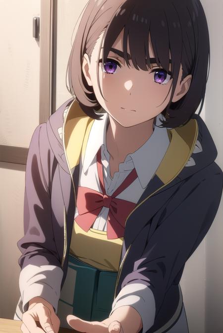 aoiaioi, <lora:aoi aioi movie-lora-nochekaiser:1>,
aoi aioi, short hair, black hair, red eyes, purple eyes,
BREAK shirt, dress, bow, school uniform, jacket, white shirt, collared shirt, hood, bowtie, red bow, red bowtie,
BREAK indoors, classroom,
BREAK looking at viewer, (cowboy shot:1.5),
BREAK <lyco:GoodHands-beta2:1>, (masterpiece:1.2), best quality, high resolution, unity 8k wallpaper, (illustration:0.8), (beautiful detailed eyes:1.6), extremely detailed face, perfect lighting, extremely detailed CG, (perfect hands, perfect anatomy),