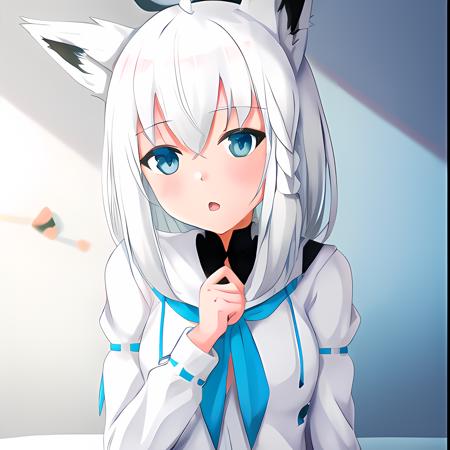 (1girl:0.976), white hair, (animal ears:0.922), (solo:0.892), (desk:0.876), (halo:0.868), (hair ornament:0.863), (blurry background:0.771), (depth of field:0.766), (looking at viewer:0.621), (blue necktie:0.591), (eyebrows visible through hair:0.589), (indoors:0.530), (open jacket:0.501)