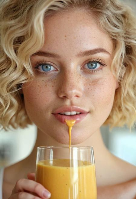 sports clothes, white top, white sporttop, athletic clothing, wide-angle view, full-figure visible, entire body in frame, kitchen overview, spacious composition, head to toe in shot, lips touching glass, glass in front of mouth, (open mouth:1.2), DRINKING, SMOOTHIE:1.5, drinking smoothie, mango smoothie, healthy smoothie, smoothie in glass, perfect fruits, perfect glass, perfect fingers, full body photo, standing in kitchen, kitchen advertisement, full body, happy, smiling, laughing, beautiful girl, short light blonde wavy hair, above shoulder length blond curly hair, bob cut, blue eyes, blue eyes:1.1, perfect eyes, extremely detailed eyes, extremely detailed face, textured skin, photorealistic, hyperdetailed:1.2, insane details, natural look, cute face, stunningly beautiful, pale skin, freckles, blush, detailed skin, extremely detailed, 1girl, shoulders, arms, breasts, hips, hands, perfect hands, perfect feet, perfect eyes, perfect nails, upper legs, legs, happy, open mouth, perfect teeth, in the kitchen, marble kitchen block, modern kitchen, 4K, RAW, best quality, masterpiece, ultra-detailed, hyperrealism:1.2, RAW photo, best quality, realistic, photo-realistic:1.3, best quality, masterpiece, extremely delicate and beautiful, extremely detailed natural lighting, bokeh:1.2, Porta 160 color, shot on ARRI ALEXA 65, Fujifilm XT-3, WARMER LIGHTING, sunny kitchen, warm sunlight, sun rays, inviting atmosphere