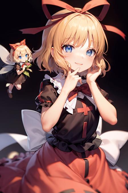 masterpiece, best quality,   <lora:medicine:1>,su-san, blonde hair, blue eyes, bow, short sleeves, skirt, puffy short sleeves, wings, puffy sleeves, 1girl, smile, short hair, ribbon, looking at viewer, red bow, bowtie, shirt, white background, hair ribbon, red bowtie, simple background, ribbon trim, red skirt, red ribbon, fairy wings, frills, solo, white bow, hair bow, black shirt, ribbon-trimmed skirt, frilled shirt collar, ribbon-trimmed clothes, bubble skirt, doll, hand to own mouth, closed mouth, dress, hand on own face, sash