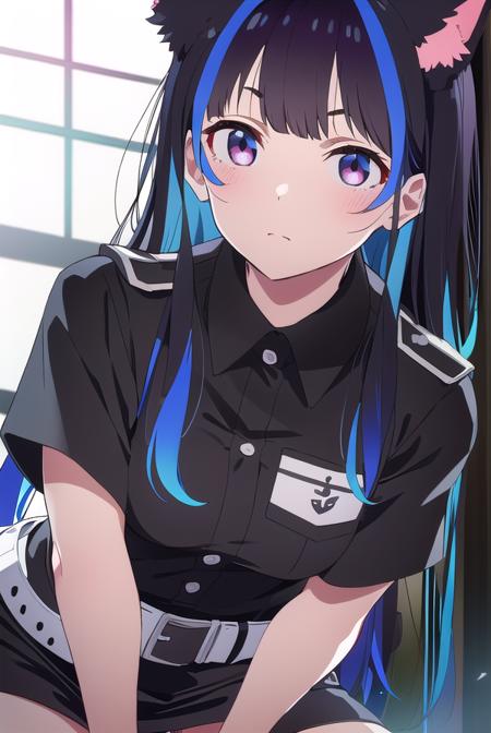 mini yaemori, long hair, bangs, black hair, blue hair, (purple eyes:1.1), multicolored hair, blunt bangs, streaked hair, ahoge, shirt, white shirt, short sleeves, clothes writing, skirt, shirt, animal ears, short sleeves, collared shirt, belt, cat ears, black skirt, uniform, animal ear fluff, parody, blue shirt, pencil skirt, black belt, police, police uniform,