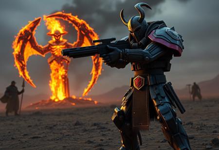 "Create a highly detailed, 3D animated promotional artwork of an Infernity Doom Slinger man with a gun, standing on a desolate field. The scene should be set in a dark, mecha-inspired world with a flaming grim reaper and watchers in the background. The Doom Slinger should appear photorealistic, aiming his weapon with a punished Judge Dredd-like look. Incorporate fireworks-safe flaming elements, and feature it on ArtStation with a focus on intricate details, ballistics, and the golden ratio."