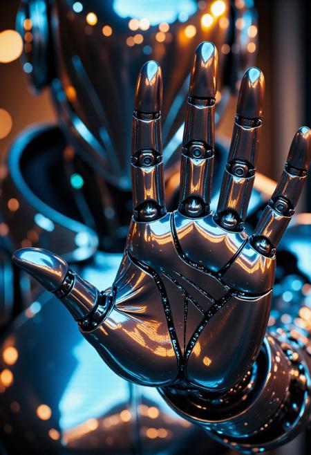 Cinematic extreme close-up of a faceless android warrior extending its hand toward the camera—each articulated finger a masterpiece of fractal engineering, its surface a labyrinth of nano-paneled mirrors shifting between liquid mercury and black obsidian. The helmet remains sleek, its V-shaped faceplate now a prismatic void, bending ambient light into spectral flares that dance across its iridescent shell. RGB reflections warp across its palm like data storms, revealing hidden subdermal circuitry beneath the flawless chrome.
The background dissolves into a decaying megacity—blurred neon signs and shattered glass refracting across the android’s armor, as if the world itself is being absorbed into its design. Cinematic lighting carves the scene in two: the cold, clinical glow of the android’s bioluminescent seams versus the rusted warmth of the dystopian ruins. The depth of field is razor-thin, focusing only on the hand’s impossible surface—where every micro-scratch tells a story of battles fought in silent code.
Key detail: The fingertips are slightly translucent, revealing a pulse of cyan energy beneath, as if the machine is moments away from interfacing with reality itself.
Palm surface: 90% reflective, 10% holographic glyphs (fractal UI:1.2), Ambient light warped into RGB fractals (prismatic distortion:1.4), Background: Industrial decay as a smeared oil painting (motion-blurred grime:1.1)