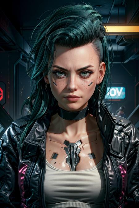 (masterpiece, best quality)
RogueCyberpunk, 1girl, solo, long hair, looking at viewer, greem hair, jewelry, green eyes, jacket, upper body, earrings, green hair, choker, lips, black choker, portrait, science fiction, realistic, cyborg, cyberpunk
<lora:epi_noiseoffset2:1>  <lora:add_detail:0.7>  <lora:RogueCyberpunk:0.8>