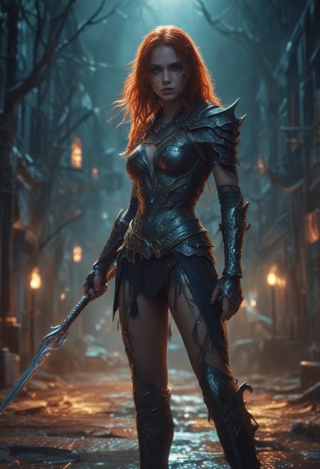 Ultra detailed digital art masterpiece Warrior girl dressed in a Armor, standing in combat pose down the mysterious night street of the big dark fantasy Town, perfect lighting, beautiful Sadie Sink as Warrior girl, attractive woman, elegant, unreal engine 5 nanite quality, mixed with dark elements, dark environment, very dark night, clean dark velour witch clothing, LOTR style, dark washed out eyeliner, no make up, natural bloody face, realistic blue eyes, ultra detailed atmospheric details, beautiful glowing effects, sparkle effects, realistic body proportions, beautiful face proportions, complex masterpiece, wavy red hair, creative glowing detailed tattoos, complex physics, enhanced colors, complimentary colors, ultra detailed raytracing reflections, Ultra detailed complex background, environment feels alive, direct eye contact, dramatic lighting, wet and sweaty skin, beautiful firm Breasts, Concept art portrait by Greg Rutkowski